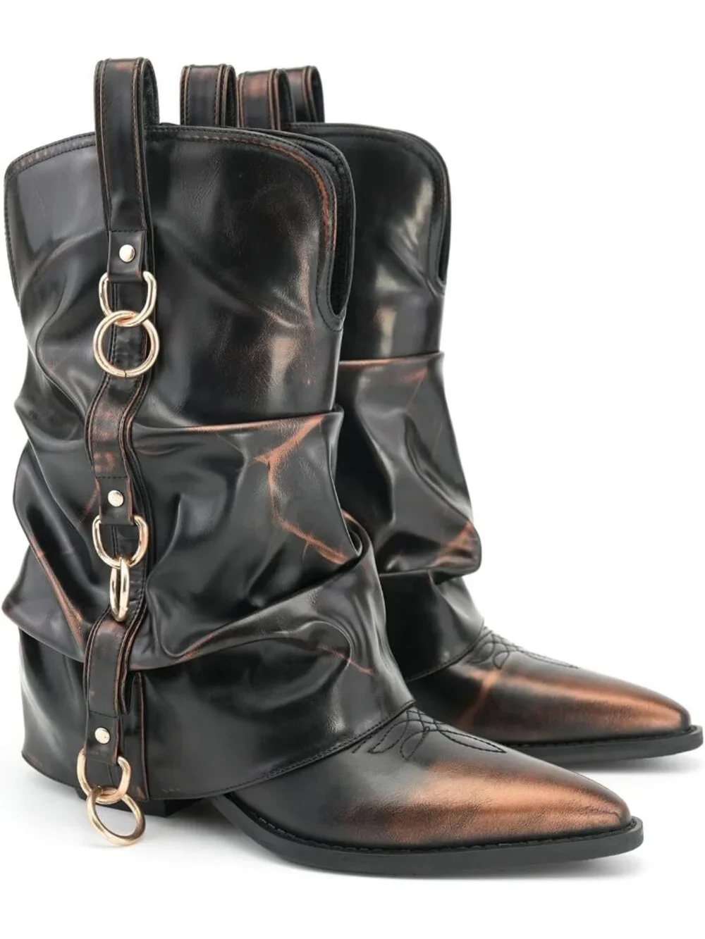 Women's Retro Gold Rubber Calf High and Pointed Toe Slouchy Riding Boots